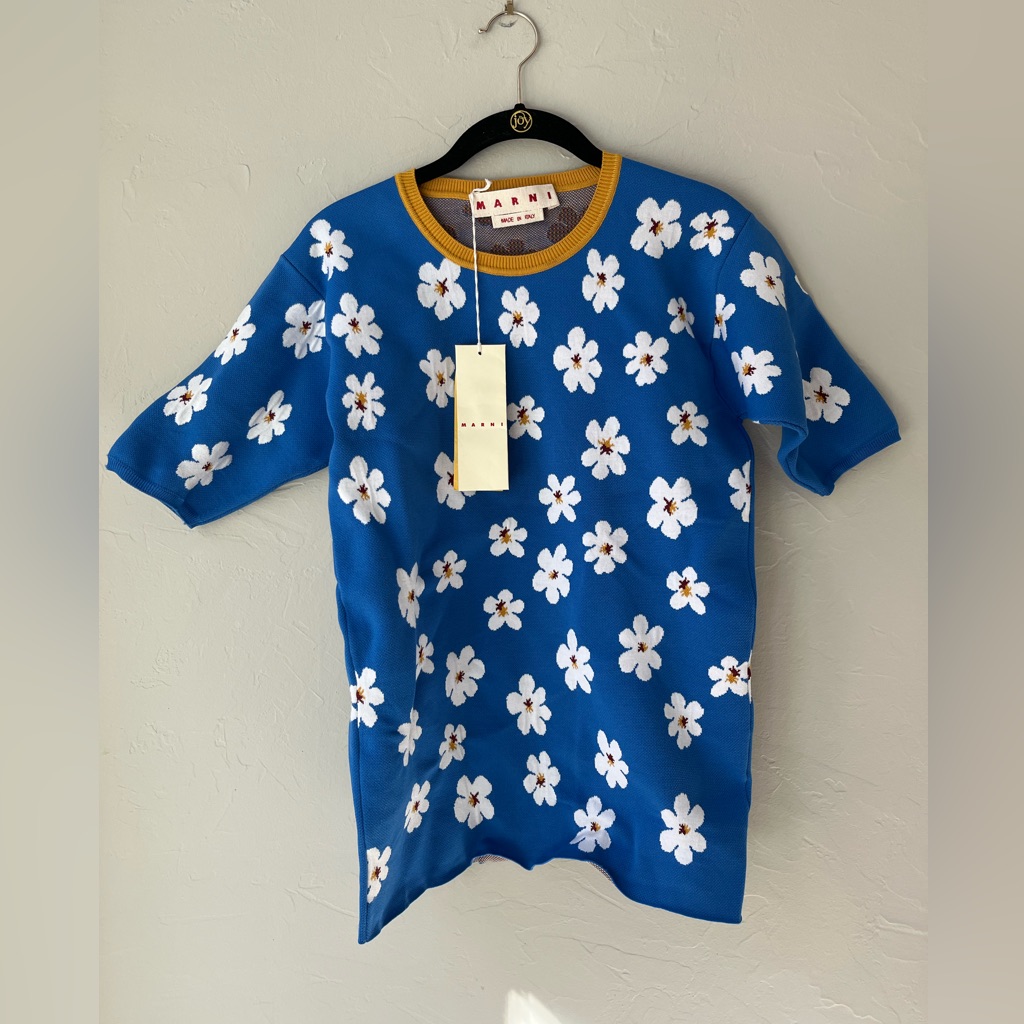 Marni Floral Intarsia All Over Daisy Jacquard Sweater In Blue 44 It 8 Us